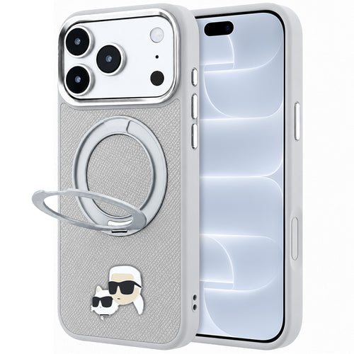 Husa pentru iPhone 17 Pro / iPhone 18 Pro, Karl Lagerfeld Leather Ring Stand 360 KC Pin MagSafe, Gri