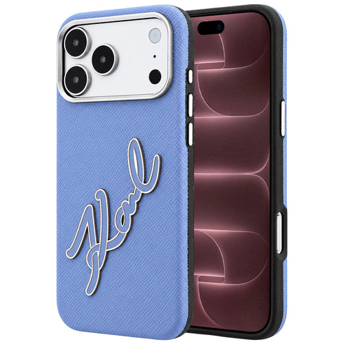 Husă pentru iPhone 17 Pro Max / iPhone 18 Pro Max, Karl Lagerfeld Smooth Leather Big Resin Signature Logo, Albastru deschis