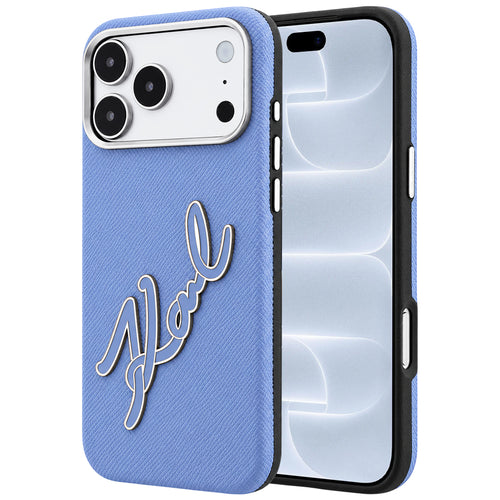 Husă pentru iPhone 17 Pro / iPhone 18 Pro, Karl Lagerfeld Smooth Leather Big Resin Signature Logo, Bleu