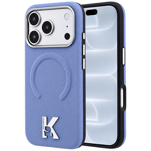 Husă pentru iPhone 17 Pro / iPhone 18 Pro, Karl Lagerfeld Grained Leather Embossed Ring MagSafe, Albastru deschis