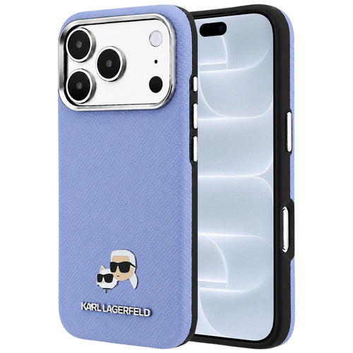 Husa pentru iPhone 17 Pro / iPhone 18 Pro, Karl Lagerfeld Grained Leather KC Heads Metal MagSafe, Albastru deschis