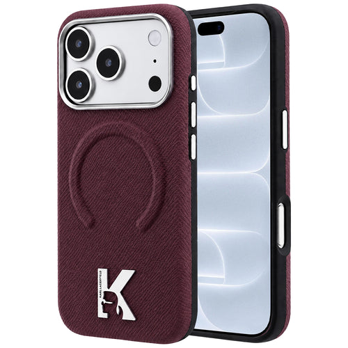 Husă pentru iPhone 17 Pro / iPhone 18 Pro, Karl Lagerfeld Grained Leather Embossed Ring MagSafe, Bordo