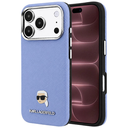 Husă pentru iPhone 17 Pro Max / iPhone 18 Pro Max, Karl Lagerfeld Grained Leather KH Metal MagSafe, Albastru deschis