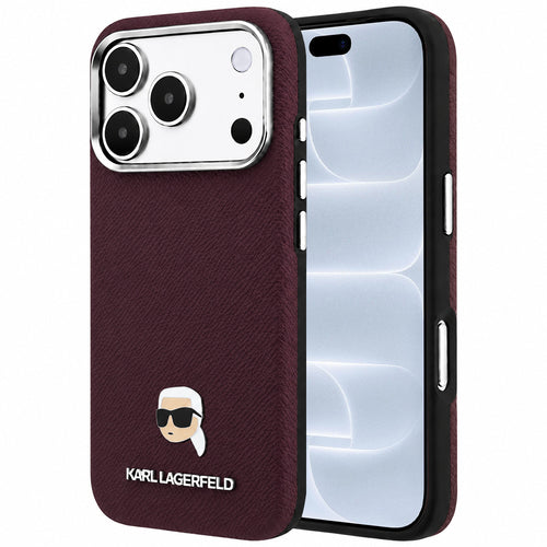 Husă pentru iPhone 17 Pro / iPhone 18 Pro, Karl Lagerfeld Grained Leather KH Metal MagSafe, Bordo