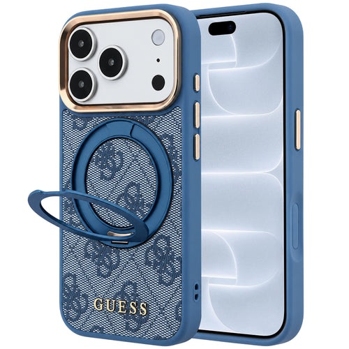 Husă pentru iPhone 17 Pro / iPhone 18 Pro, Guess Ring Stand 360 4G Leather Classic Logo MagSafe, Albastră