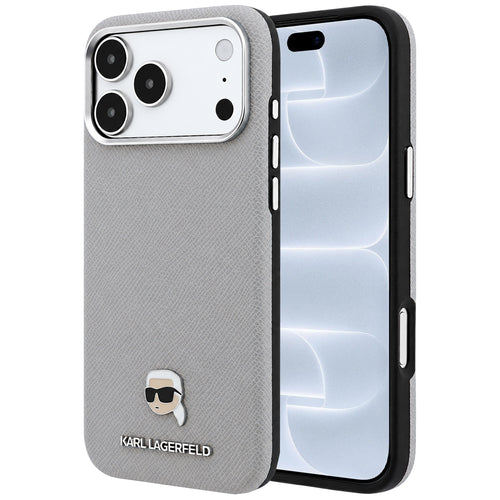 Husă pentru iPhone 17 Pro / iPhone 18 Pro, Karl Lagerfeld Grained Leather KH Metal MagSafe, Gri