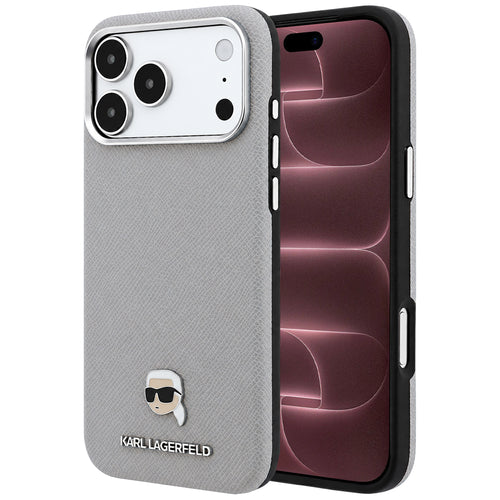 Husa pentru iPhone 17 Pro Max / iPhone 18 Pro Max, Karl Lagerfeld Grained Leather KH Metal MagSafe, Gri