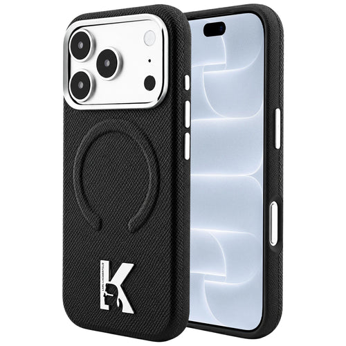 Husă pentru iPhone 17 Pro / iPhone 18 Pro, Karl Lagerfeld Grained Leather Embossed Ring MagSafe, Neagră