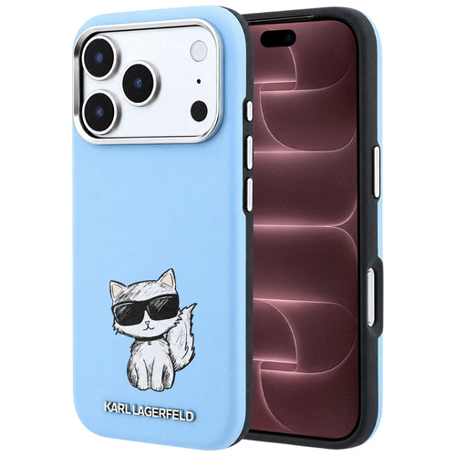Husă pentru iPhone 17 Pro Max / iPhone 18 Pro Max, Karl Lagerfeld Smooth Leather Choupette Sketch MagSafe, Albastru deschis