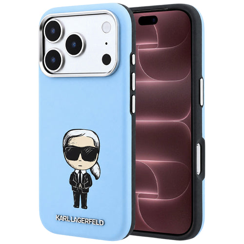 Husă pentru iPhone 17 Pro Max / iPhone 18 Pro Max, Karl Lagerfeld Smooth Leather Ikonik Sketch MagSafe, Albastru deschis