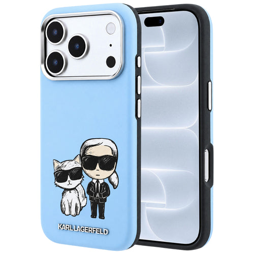 Husă pentru iPhone 17 Pro / iPhone 18 Pro, Karl Lagerfeld Smooth Leather KC Bodies Sketch MagSafe, Albastru deschis