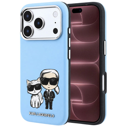 Husă pentru iPhone 17 Pro Max / iPhone 18 Pro Max, Karl Lagerfeld Smooth Leather KC Bodies Sketch MagSafe, Albastru deschis