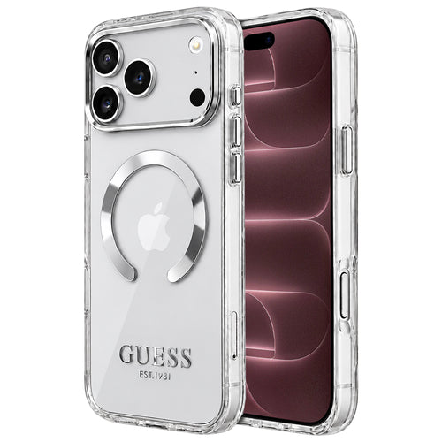 Husă pentru iPhone 17 Pro Max / iPhone 18 Pro Max, Guess Metal Outline MagSafe, Argintie