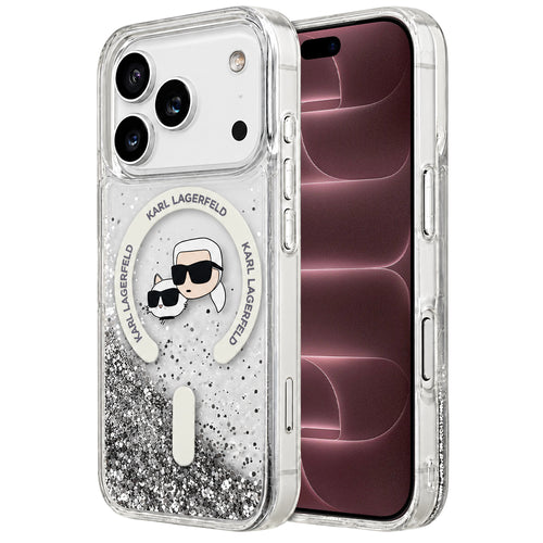 Husă pentru iPhone 17 Pro Max / iPhone 18 Pro Max, Karl Lagerfeld Liquid Glitter KC Heads MagSafe, Transparentă