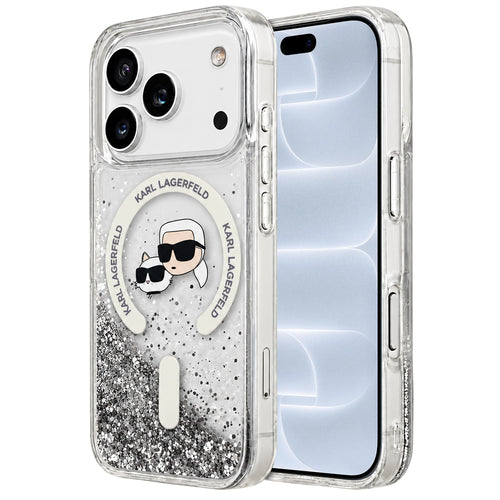 Husă pentru iPhone 17 Pro / iPhone 18 Pro, Karl Lagerfeld Liquid Glitter KC Heads MagSafe, Transparentă