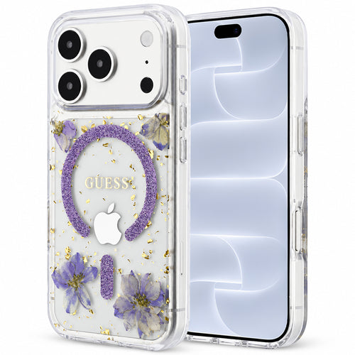 Husă pentru iPhone 17 Pro / iPhone 18 Pro, Guess Resin Flowers and Glitter MagSafe, Mov