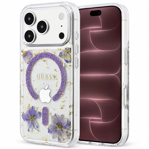 Husă pentru iPhone 17 Pro Max / iPhone 18 Pro Max, Guess Resin Flowers and Glitter MagSafe, Mov