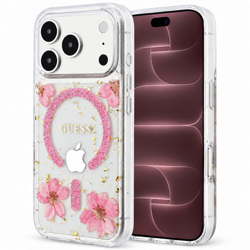 Husă pentru iPhone 17 Pro Max / iPhone 18 Pro Max, Guess Resin Flowers and Glitter MagSafe, Roz