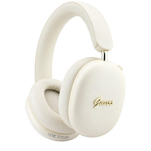 Căști Guess Metal Script Logo, Bluetooth 5.4, ENC, Over-Ear, Finisaj Metalic, Bej