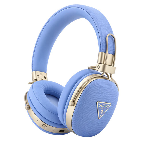 Căști Over-Ear Guess Grained Triangle Logo, Bluetooth, Tehnologie ENC, Piele Ecologică, Albastre