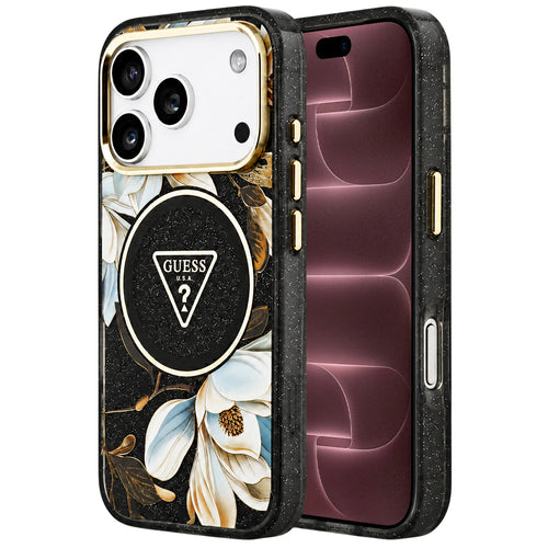 Husă pentru iPhone 17 Pro Max / iPhone 18 Pro Max, Guess IML Metal Glitter Flowers Triangle MagSafe, Neagră