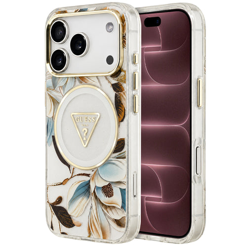 Husă pentru iPhone 17 Pro Max / iPhone 18 Pro Max, Guess IML Metal Glitter Flowers Triangle MagSafe, Albă