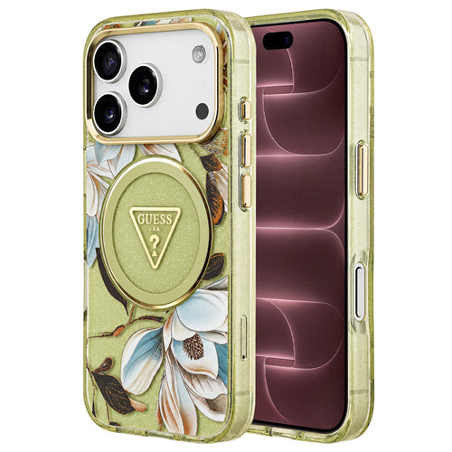 Husă pentru iPhone 17 Pro Max / iPhone 18 Pro Max, Guess IML Metal Glitter Flowers Triangle MagSafe, Verde