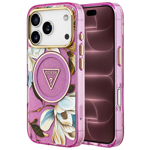 Husă pentru iPhone 17 Pro Max / iPhone 18 Pro Max, Guess IML Metal Glitter Flowers Triangle MagSafe, Mov