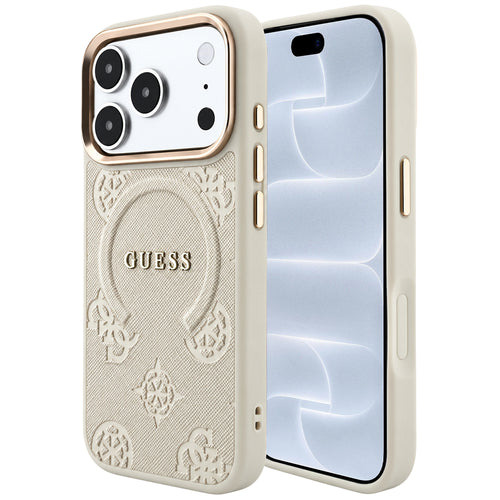 Husă pentru iPhone 17 Pro / iPhone 18 Pro, Guess Saffiano Peony & Ring MagSafe, Bej