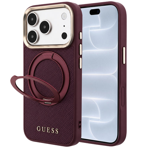 Husă pentru iPhone 17 Pro / iPhone 18 Pro, Guess Grained Leather Ring Stand 360 Classic Logo MagSafe, Bordo