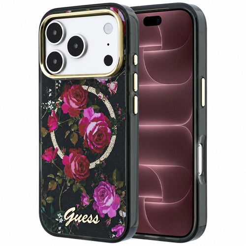 Husă pentru iPhone 17 Pro Max / iPhone 18 Pro Max, Guess IML Glitter Blossom Roses, MagSafe, Neagră