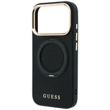 Husă pentru iPhone 17 Pro / iPhone 18 Pro, Guess Grained Leather Ring Stand 360 Classic Logo MagSafe, Neagră