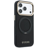 Husă pentru iPhone 17 Pro / iPhone 18 Pro, Guess Grained Leather Ring Stand 360 Classic Logo MagSafe, Neagră