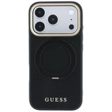 Husă pentru iPhone 17 Pro / iPhone 18 Pro, Guess Grained Leather Ring Stand 360 Classic Logo MagSafe, Neagră