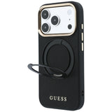 Husă pentru iPhone 17 Pro / iPhone 18 Pro, Guess Grained Leather Ring Stand 360 Classic Logo MagSafe, Neagră