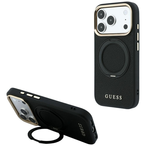 Husă pentru iPhone 18 Pro Max / iPhone 17 Pro Max, Guess Grained Leather Ring Stand 360 Classic MagSafe, Neagră
