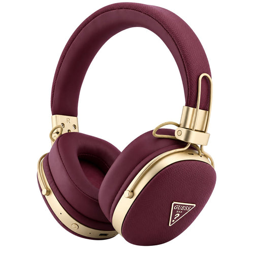 Căști wireless Guess Grained Triangle Logo, Bluetooth, ENC Technology, Over-ear, piele ecologică, Bordo