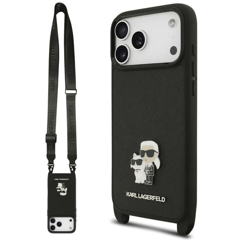 Husă pentru iPhone 17 Pro Max / iPhone 18 Pro Max, Karl Lagerfeld Saffiano K&C Metal Pin CBDY Crossbody, Neagră
