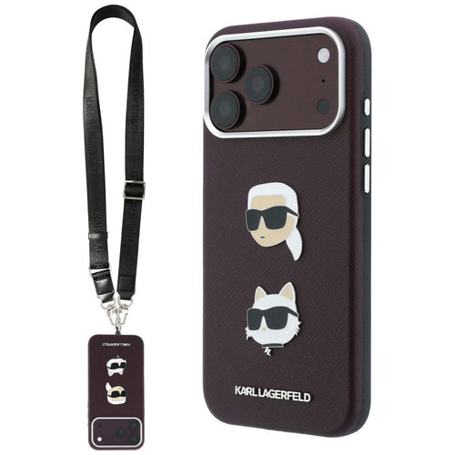 Husă pentru iPhone 17 Pro Max / iPhone 18 Pro Max, Karl Lagerfeld Saffiano K&C Heads Pins Logo Crossbody, Bordo