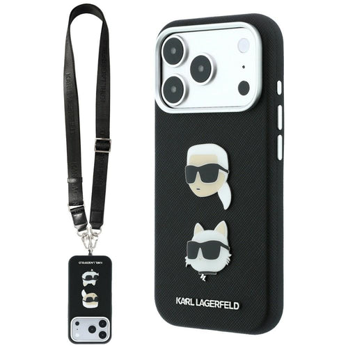 Husă pentru iPhone 17 Pro Max / iPhone 18 Pro Max, Karl Lagerfeld Saffiano K&C Heads Pins and Logo Crossbody, Neagră