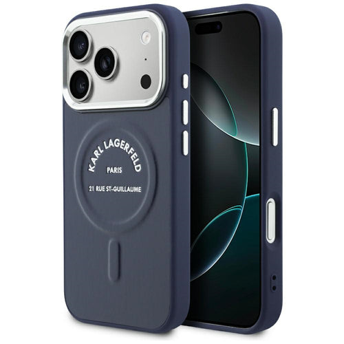 Husa pentru iPhone 17 Pro / iPhone 18 Pro, Karl Lagerfeld Leather Embossed Open Ring Karl RSG Logo MagSafe, Albastră