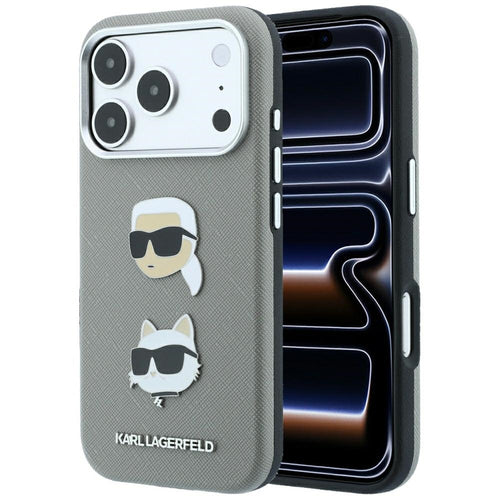 Husă pentru iPhone 17 Pro Max / iPhone 18 Pro Max, Karl Lagerfeld Saffiano with K&C Heads Pins and Logo, Gri