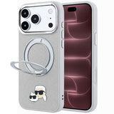 Husă pentru iPhone 17 Pro Max / iPhone 18 Pro Max, Karl Lagerfeld Leather Ring Stand 360 KC Pin MagSafe, Gri