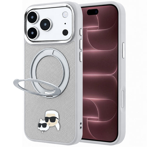 Husă pentru iPhone 17 Pro Max / iPhone 18 Pro Max, Karl Lagerfeld Leather Ring Stand 360 KC Pin MagSafe, Gri