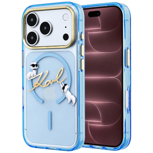 Husă pentru iPhone 18 Pro Max / iPhone 17 Pro Max, Karl Lagerfeld IML Choupette and Karl Script Logo MagSafe, Albastru deschis