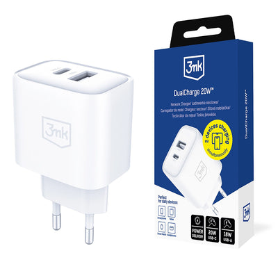 Încărcător 3mk Wall Charger DualCharge, USB QC 3.0, Type-C PD 3.0, 20W, Alb