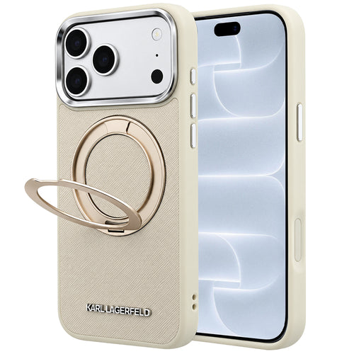 Husă pentru iPhone 17 Pro / iPhone 18 Pro, Karl Lagerfeld Ring Stand 360 Saffiano MagSafe, Bej