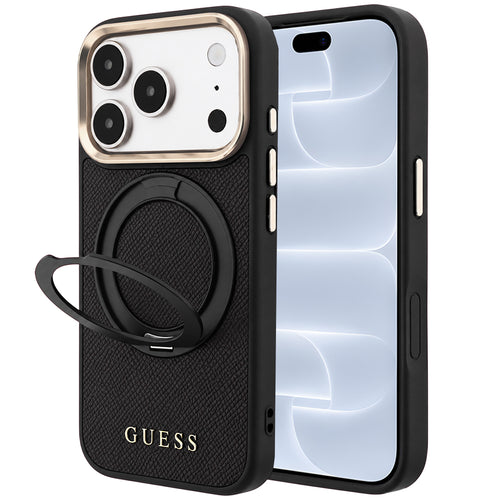 Husă pentru iPhone 17 Pro / iPhone 18 Pro, Guess Grained Leather Ring Stand 360 Classic Logo MagSafe, Neagră