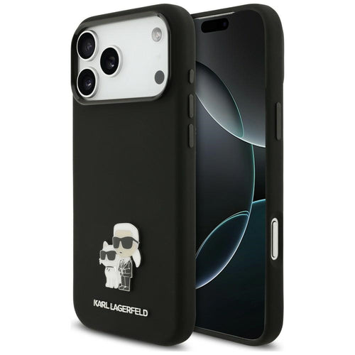 Husa pentru iPhone 17 Pro Max / iPhone 18 Pro Max, Karl Lagerfeld Silicone Karl & Choupette Metal Pin, Neagra
