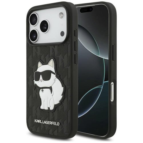 Husă pentru iPhone 17 Pro / iPhone 18 Pro, Karl Lagerfeld Saffiano Mono Patch Choupette, Albă